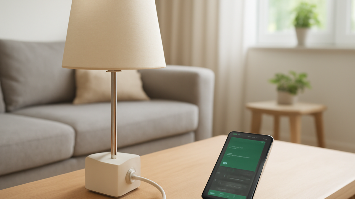 Smart plug dan aplikasi pemantau energi di ruang tamu modern