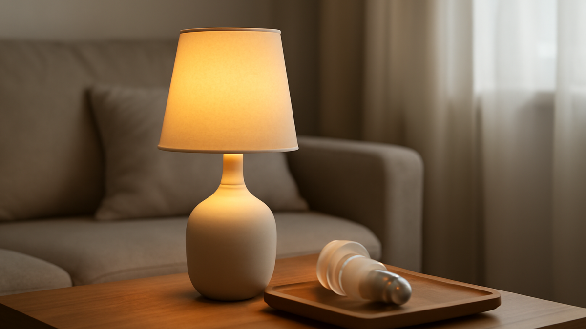 Perbandingan lampu LED dan CFL di atas meja kayu dalam ruang tamu