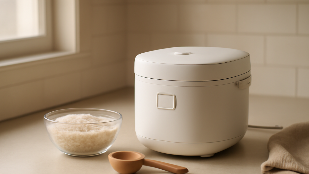 Rice cooker putih di meja dapur dengan mangkuk beras dan gelas ukur kayu